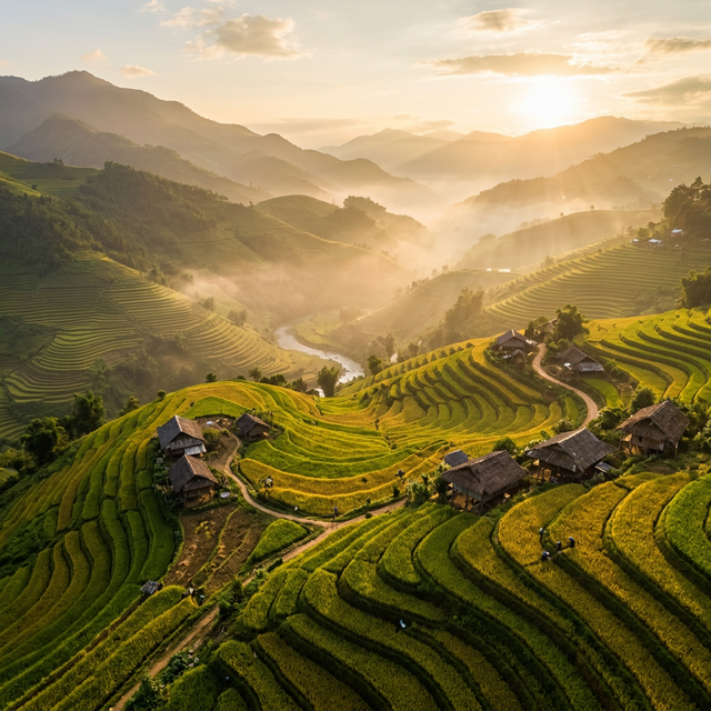 Ruộng bậc thang Việt Nam lúc bình minh